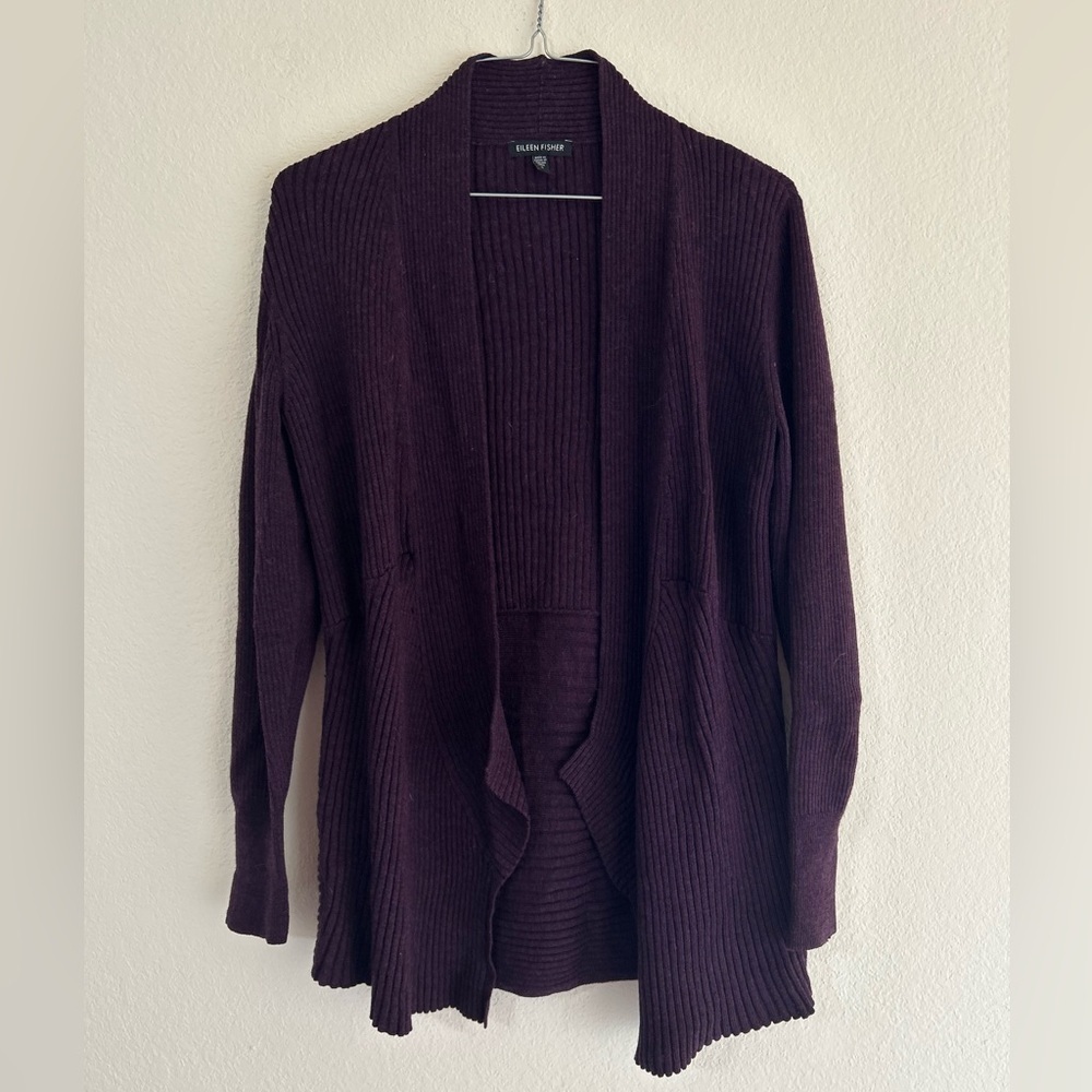 Eileen Fisher 100% Merino Wool Deep Purple RibKnit Open Front Cardigan Sweater S